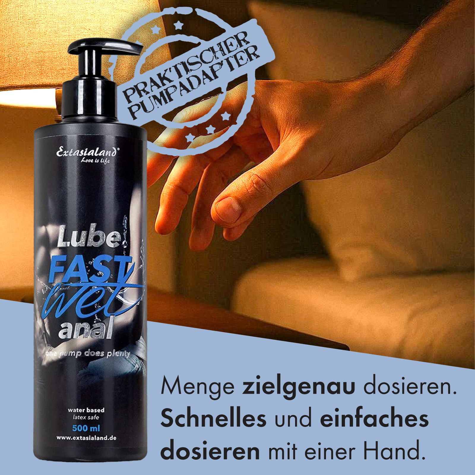 Schwarze Flasche mit Pumpe. Text: Lube, Fastwet anal. 500 ml. Praktischer Pumpadapter. Dosieren mit einer Hand.