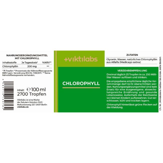 Etikett mit Text: "+viktilabs Chlorophyll". Angaben zu Inhaltsstoffen, Dosierung und Verzehrempfehlung. Flascheninhalt: 100 ml.