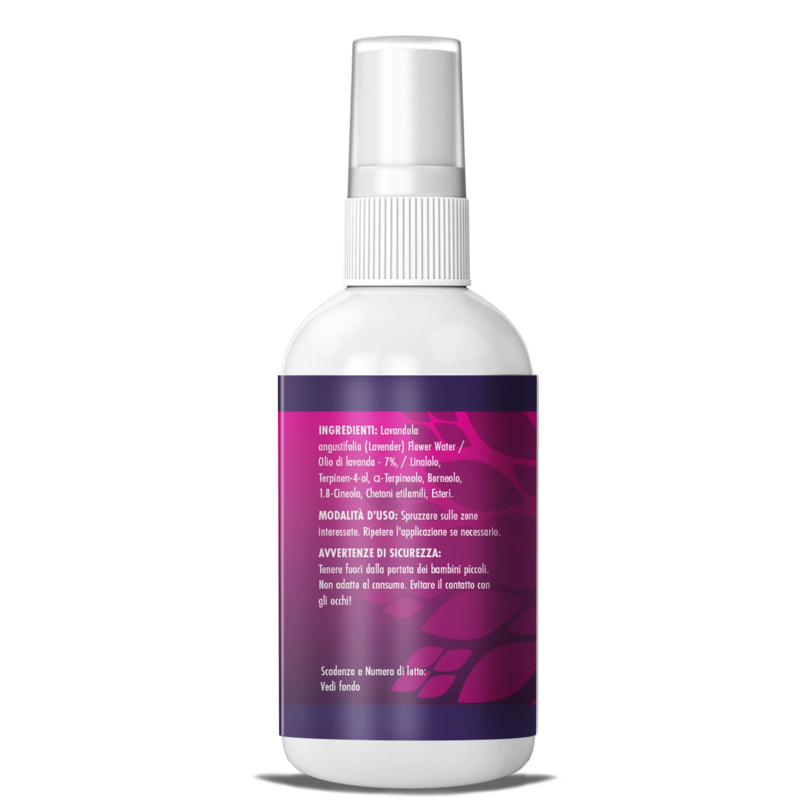 Retro di un flacone spray bianco. Etichetta viola con ingredienti e avvertenze di sicurezza. Testo in italiano.