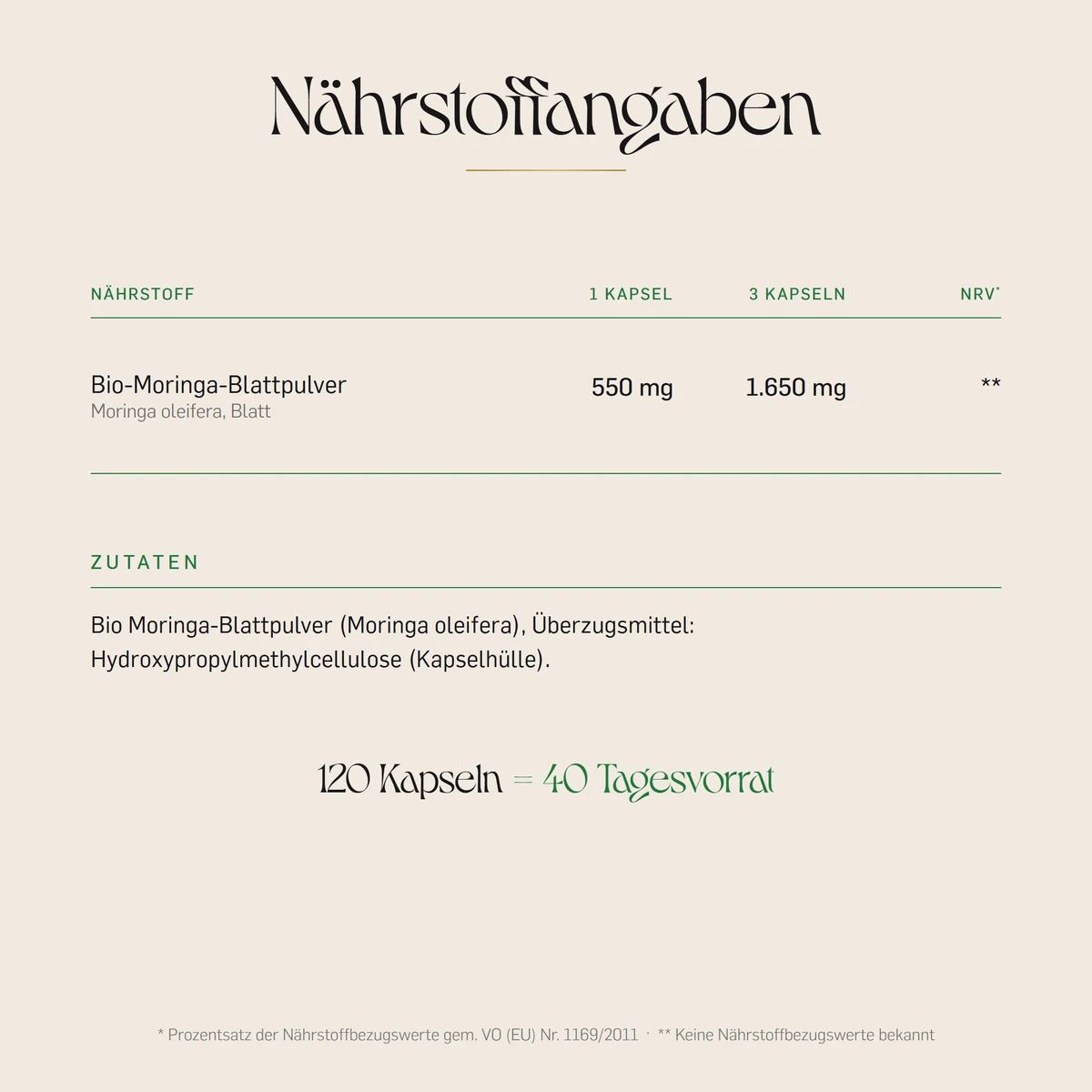 Nährwertangaben für Kurkraft Bio Moringa Kapseln: Bio-Moringa-Blattpulver, Zutaten, Kapselanzahl.