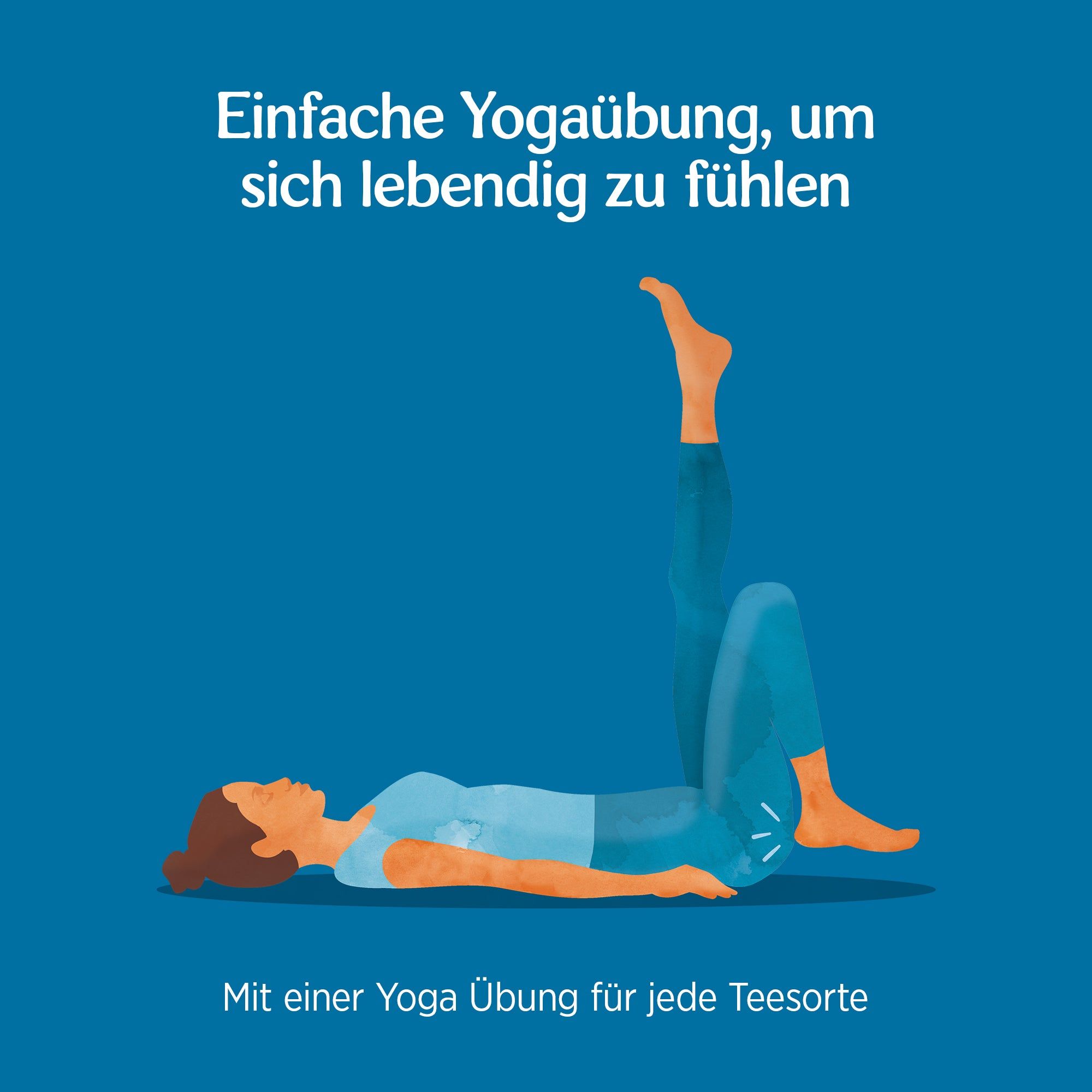 Illustration einer Person, die Yoga macht. Person liegt auf dem Rücken, ein Bein in der Luft. Blauer Hintergrund.