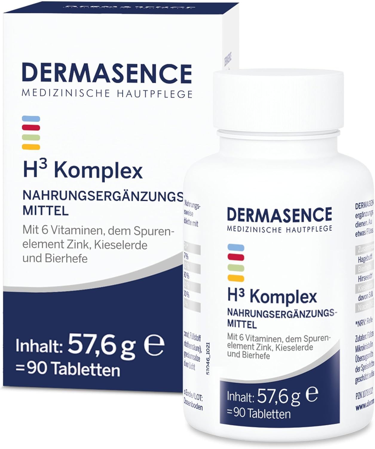 Weiße Schachtel und Flasche mit DERMASENCE H³ Komplex. Enthält 90 Tabletten. Aufdruck: Nahrungsergänzungsmittel.