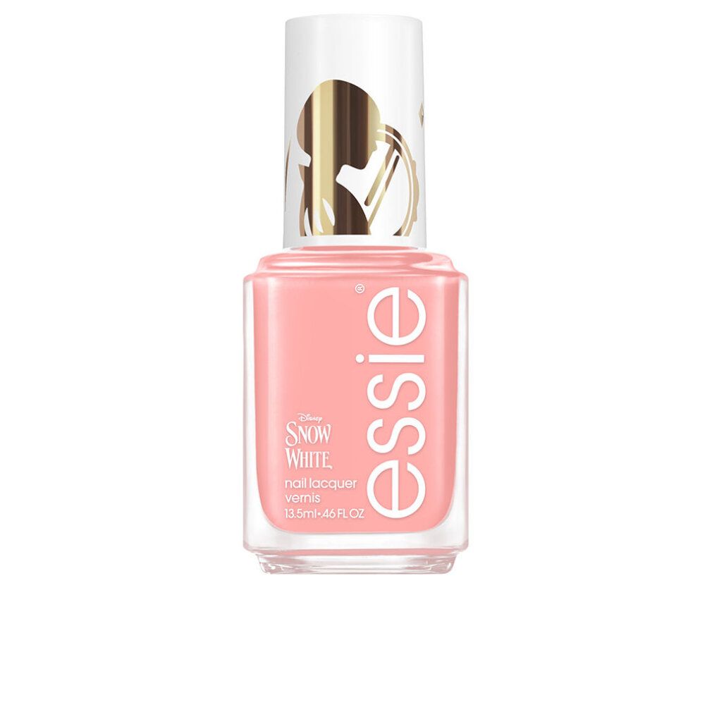 Essie Nagellack Schneewittchen. Rosa Nagellackflasche mit weißem Deckel und goldenem Aufdruck. Produktname und Marke sichtbar.