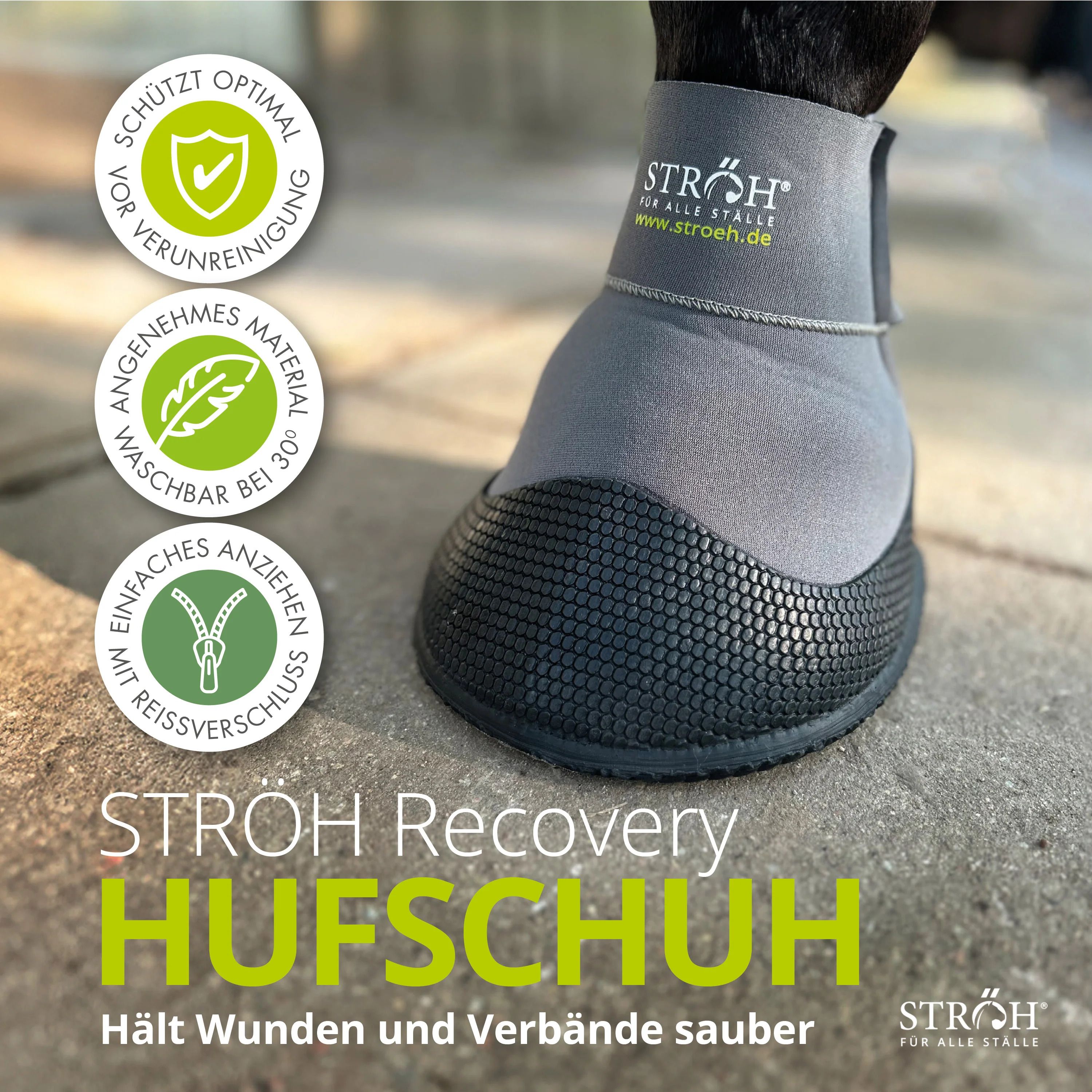 STRÖH Recovery Hufschuh am Pferdebein. Grauer Schuh, schwarze Sohle. Text: STRÖH, Schutz, angenehmes Material, waschbar, Reißverschluss.
