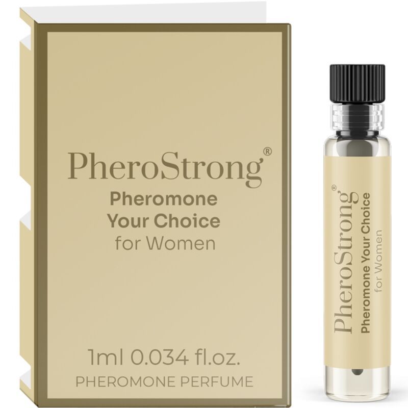 PheroStrong Pheromone für Frauen. Flakon und Verpackung. Flakon mit schwarzem Verschluss. Verpackung mit Produktnamen und Inhaltsangabe.