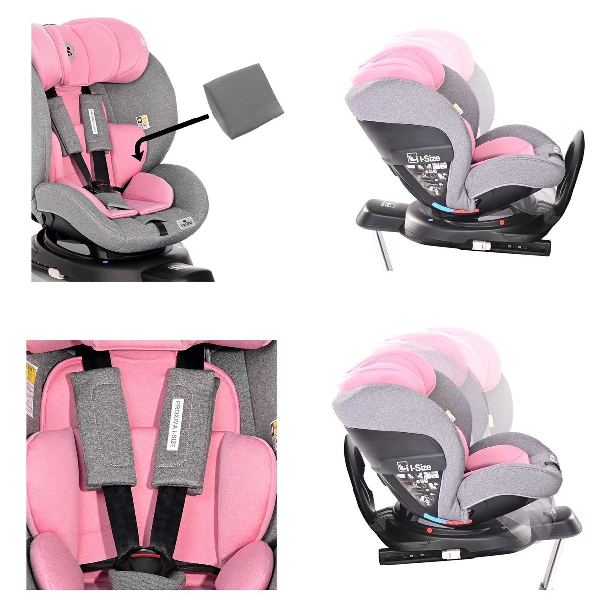 Grauer Kindersitz mit rosa Akzenten, 5-Punkt-Gurt und verstellbarer Kopfstütze.