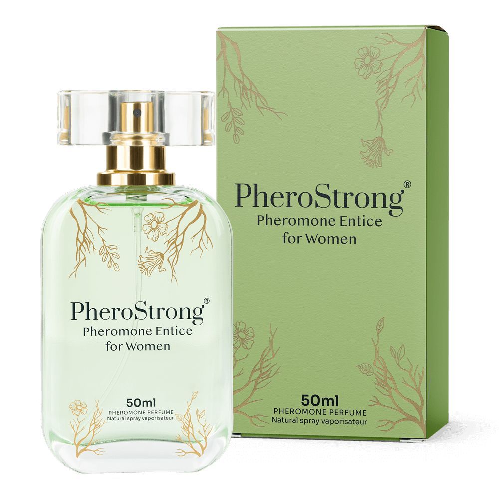 Parfümflakon und Verpackung nebeneinander. Flakon: PheroStrong Pheromone Entice für Frauen, 50ml. Verpackung: grün, gleiche Aufschrift.