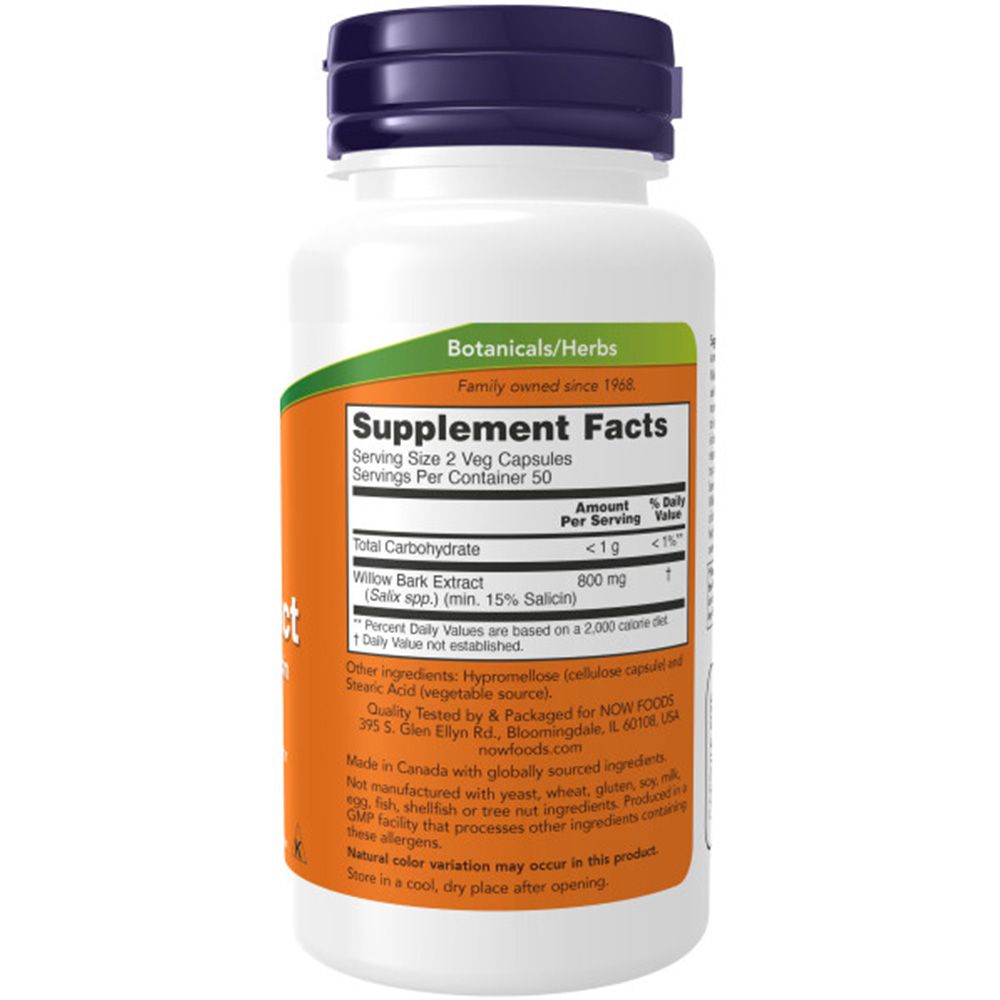 Rückseite der Flasche. Aufschrift: Supplement Facts, Willow Bark Extract, 800 mg. Hersteller: NOW FOODS.