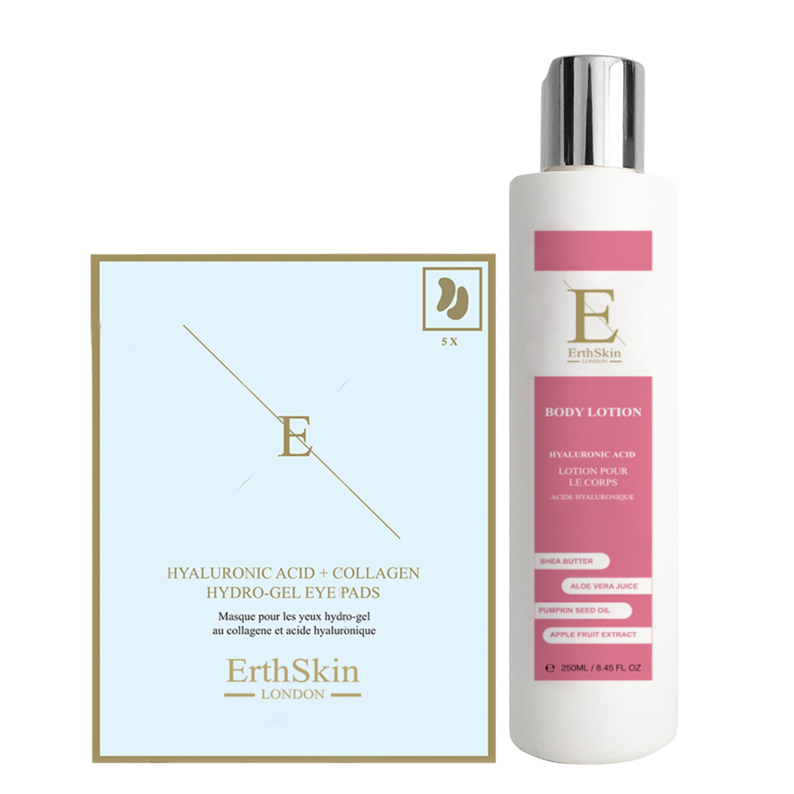 Körperlotion und Augenpads. Weiße Flasche mit rosa Akzenten. Augenpad-Packung mit Text. ErthSkin London Logo sichtbar.