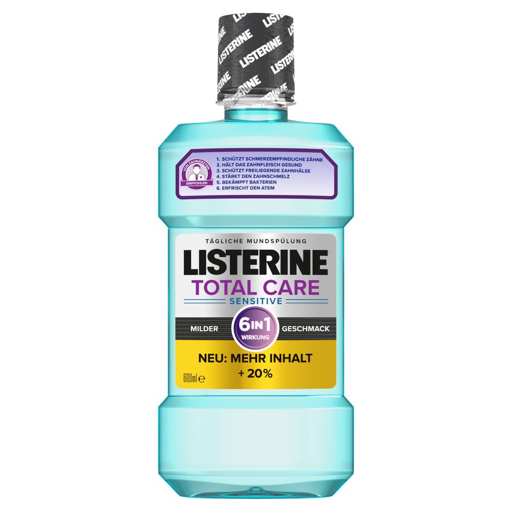Listerine Total Care Sensitive. Hellblaue Flasche mit schwarzem Deckel. Aufschrift: 6in1 Wirkung, +20% mehr Inhalt.