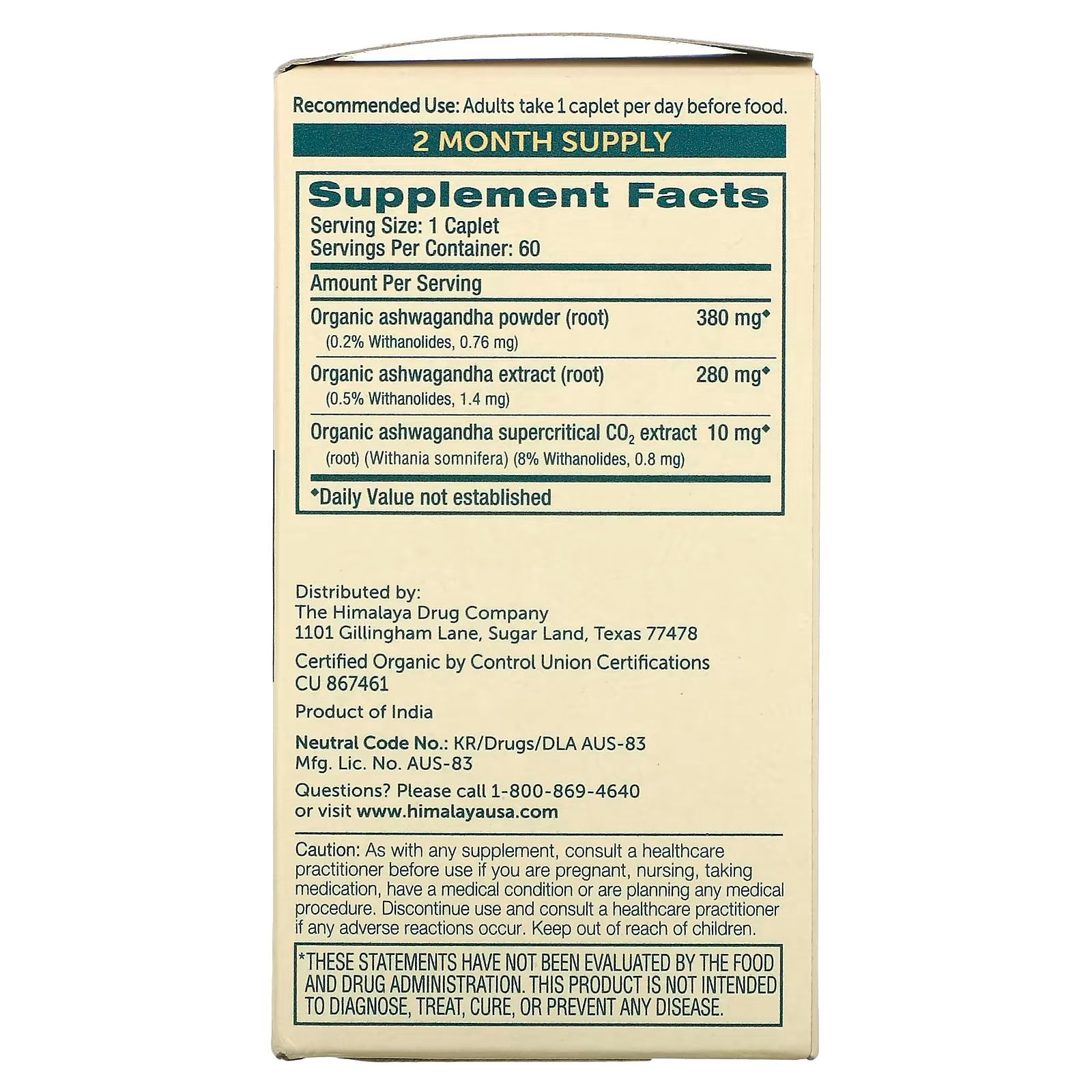 Kartonverpackung mit Text. Enthält Informationen zu Inhaltsstoffen und Dosierung. Aufschrift Himalaya. Bio-Zertifizierung.