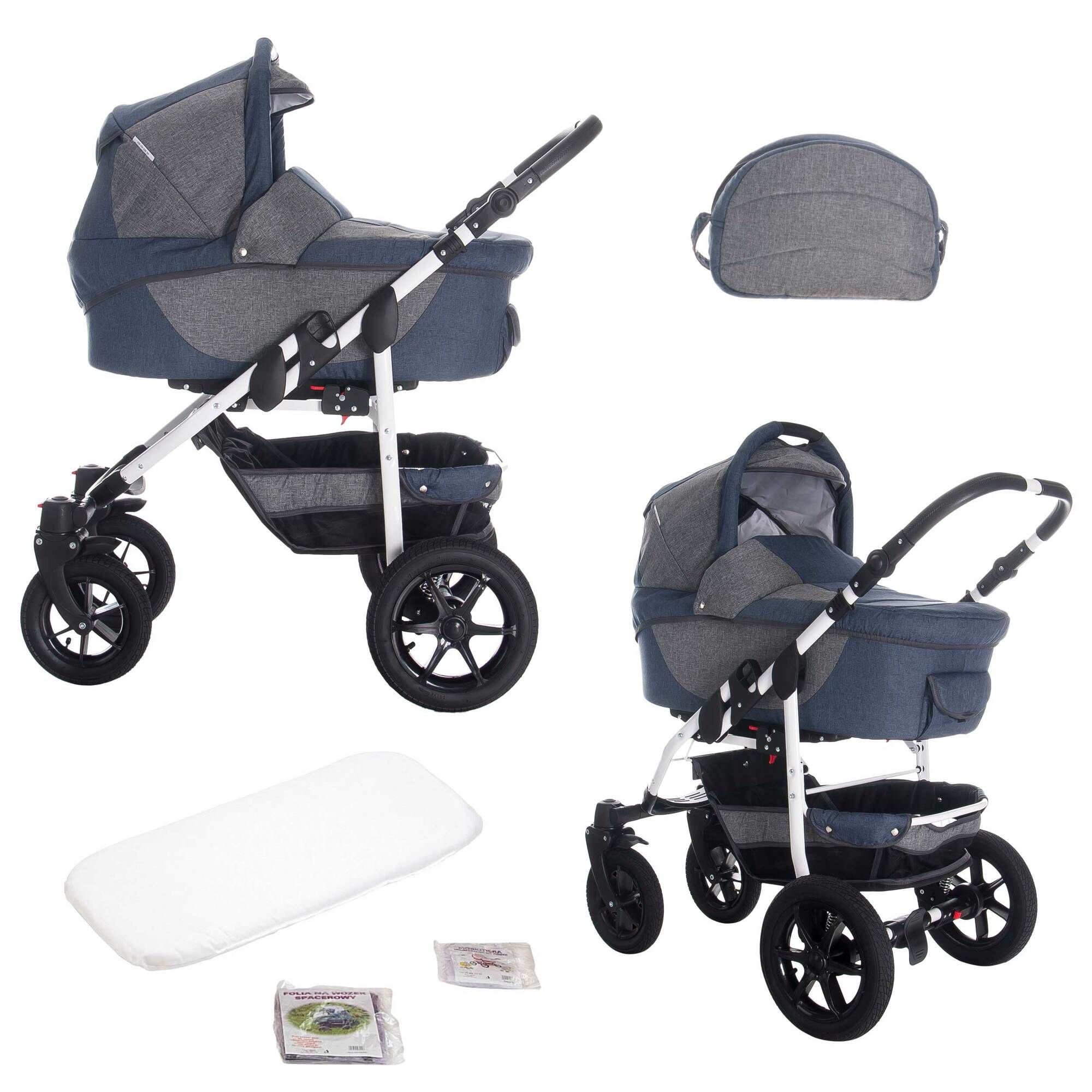 Kinderwagen mit Zubehör: Matratze, Tasche, Bedienungsanleitung. Blau-grau, Luftreifen.