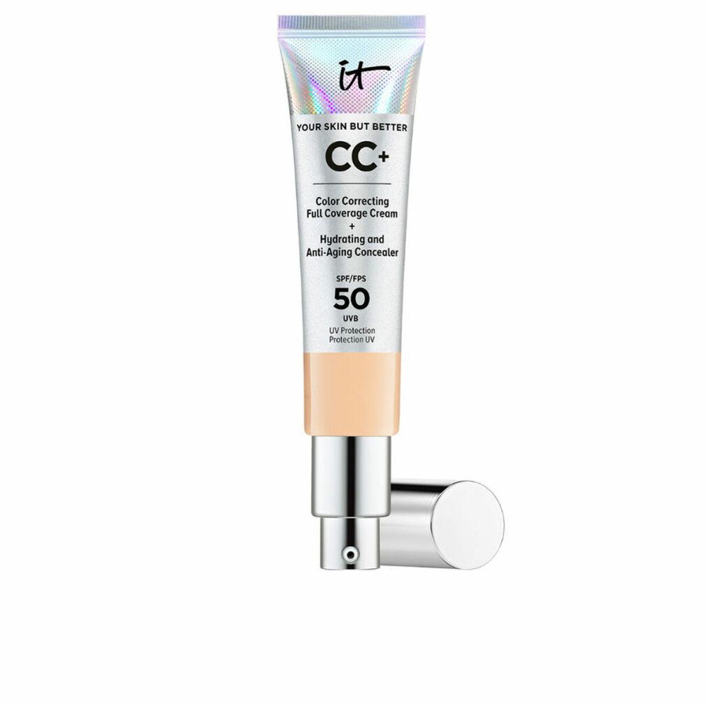 IT Cosmetics CC+ Foundation Tube. Silberfarbener Deckel. Text: CC+, SPF 50. Creme-Farbton. Auf weißem Hintergrund.