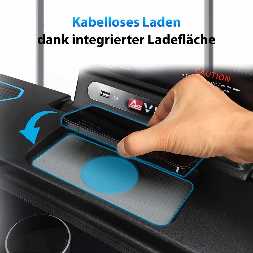Hand legt Smartphone auf kabellose Ladefläche des Laufbands T16.