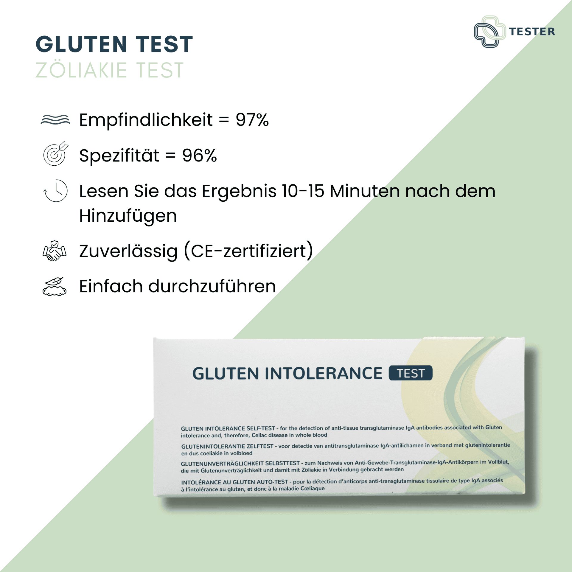 Gluten Test Zöliakie: Empfindlichkeit 97%, Spezifität 96%, CE-zertifiziert. Mit Verpackung.