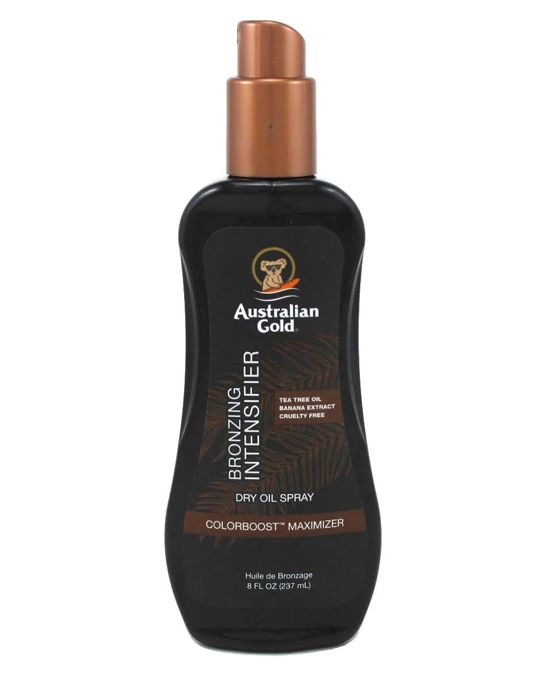 Braune Sprühflasche mit braunem Sprühkopf. Aufschrift: Intensifier, Australian Gold. 237 ml.