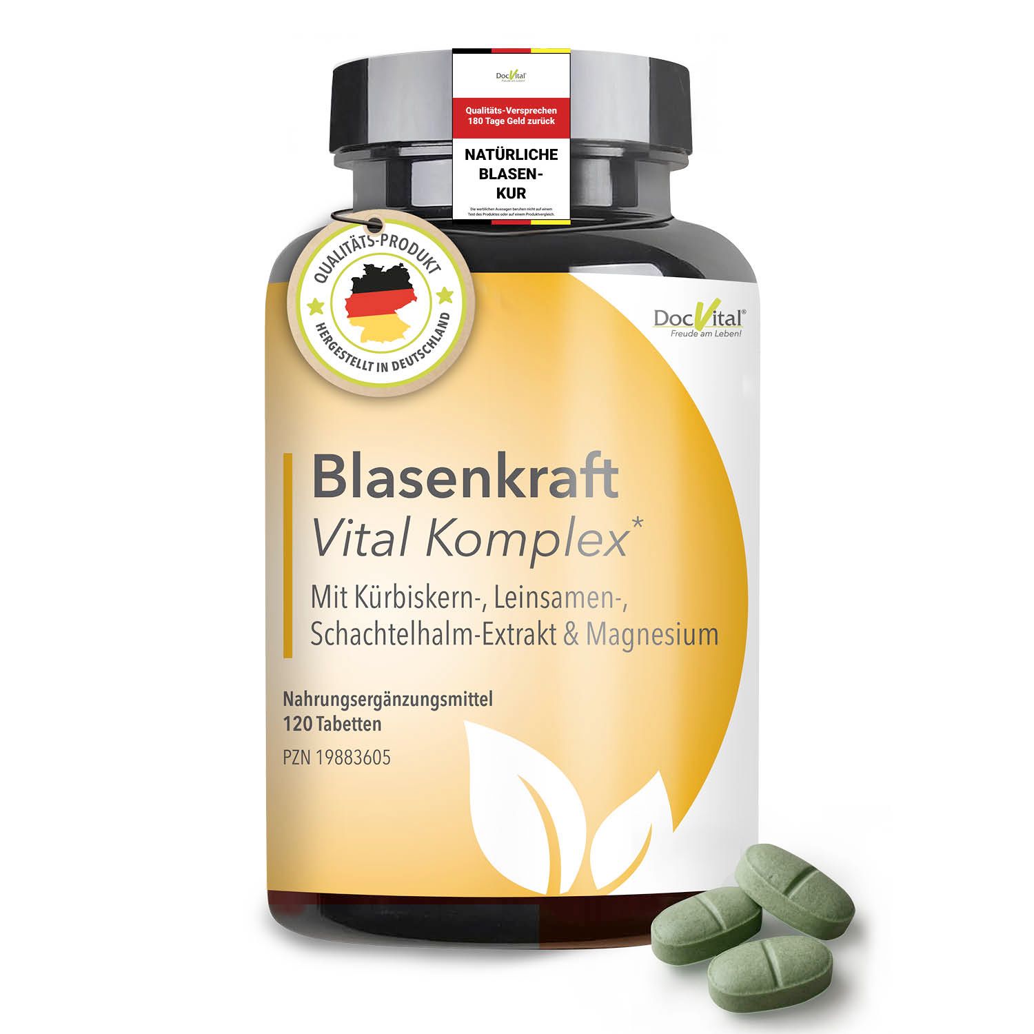 Flasche Blasenkraft Vital Komplex. 120 Tabletten. Grüne Tabletten daneben. Qualitäts- und Herkunftszeichen.