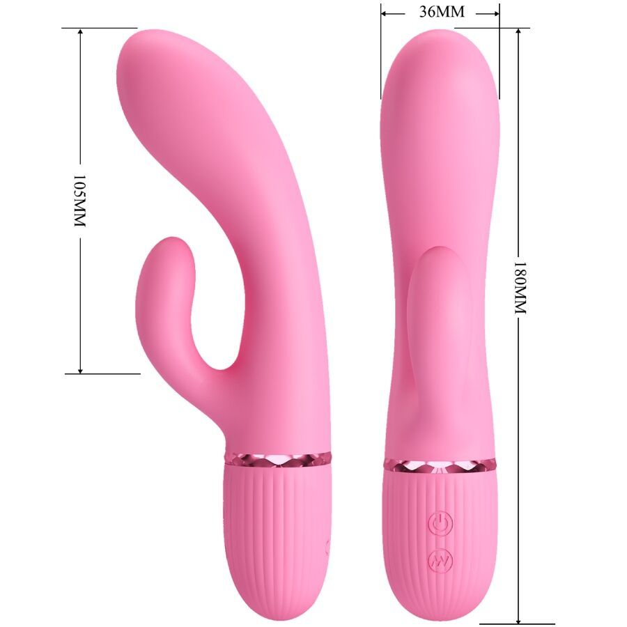 Zwei rosa Vibratoren nebeneinander, mit Maßangaben. Ein Vibrator zeigt 180mm Höhe und 36mm Breite.