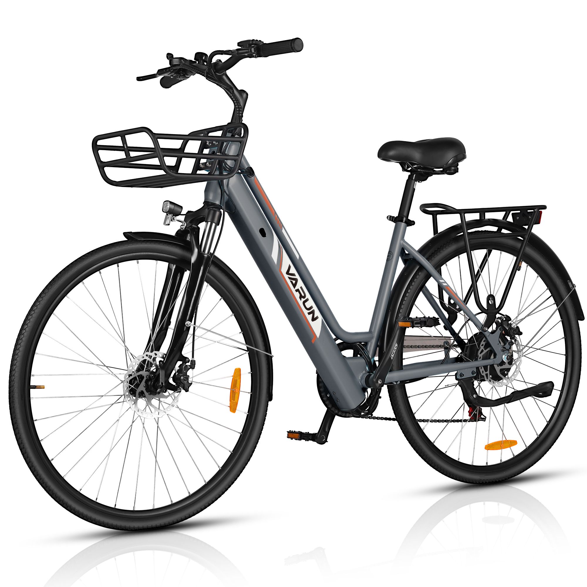 Graues E-Bike mit Korb, Gepäckträger und orangefarbenen Akzenten. Marke VARUN.