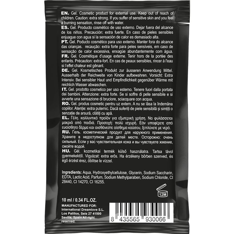 Schwarze Einzelverpackung mit mehrsprachigem Text. Enthält Informationen zu Inhaltsstoffen und Vorsichtsmaßnahmen. 10 ml.