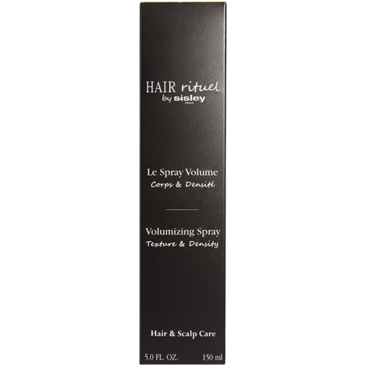 Schwarze Produktverpackung. Beschriftung: Hair Rituel by Sisley, Le Spray Volume, Volumizing Spray, Hair & Scalp Care. 150 ml.