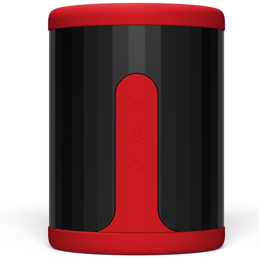 Zylindrisches Gerät, schwarz mit roten Akzenten. Roter Rand und Bedienfeld mit drei Knöpfen. Geometrisches Design.