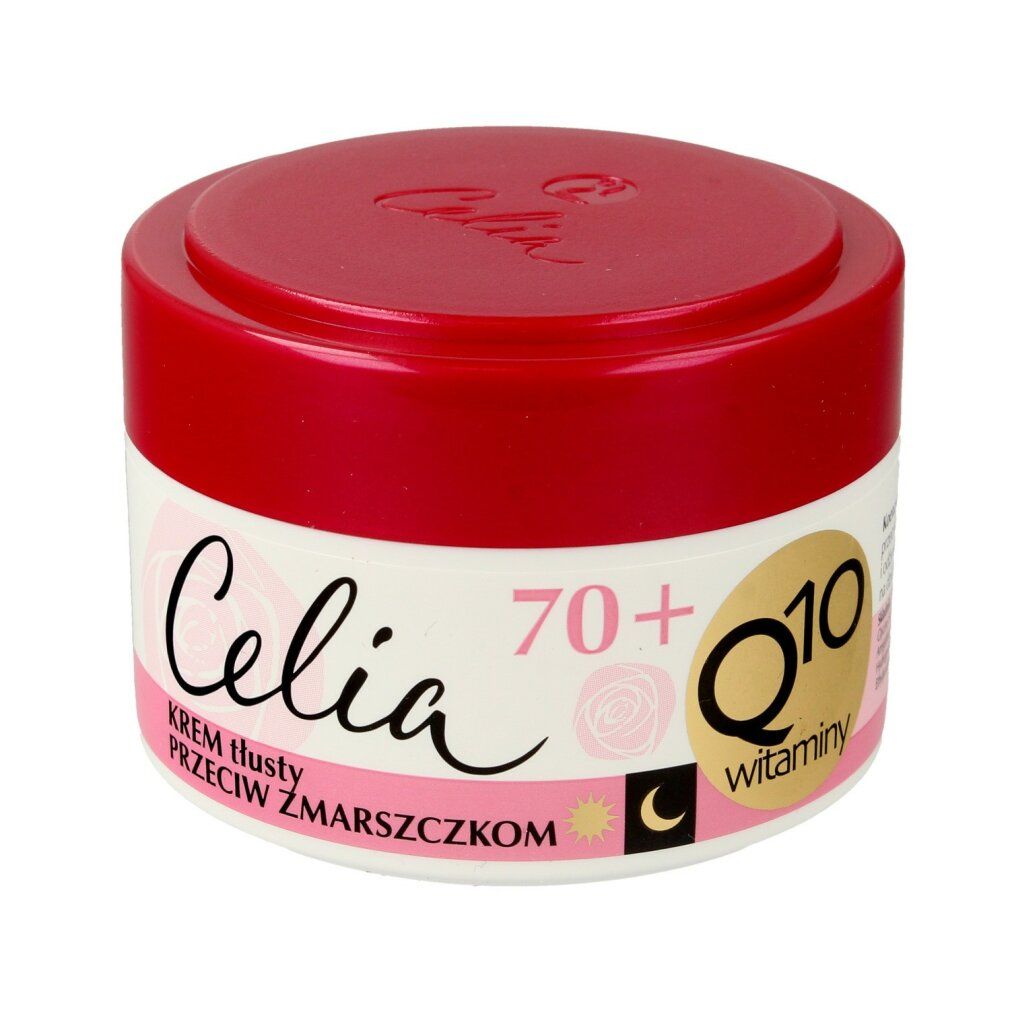 Runder Tiegel mit rotem Deckel. Aufschrift Celia, 70+, Q10 Vitamine. Anti-Falten Tages- und Nachtcreme.