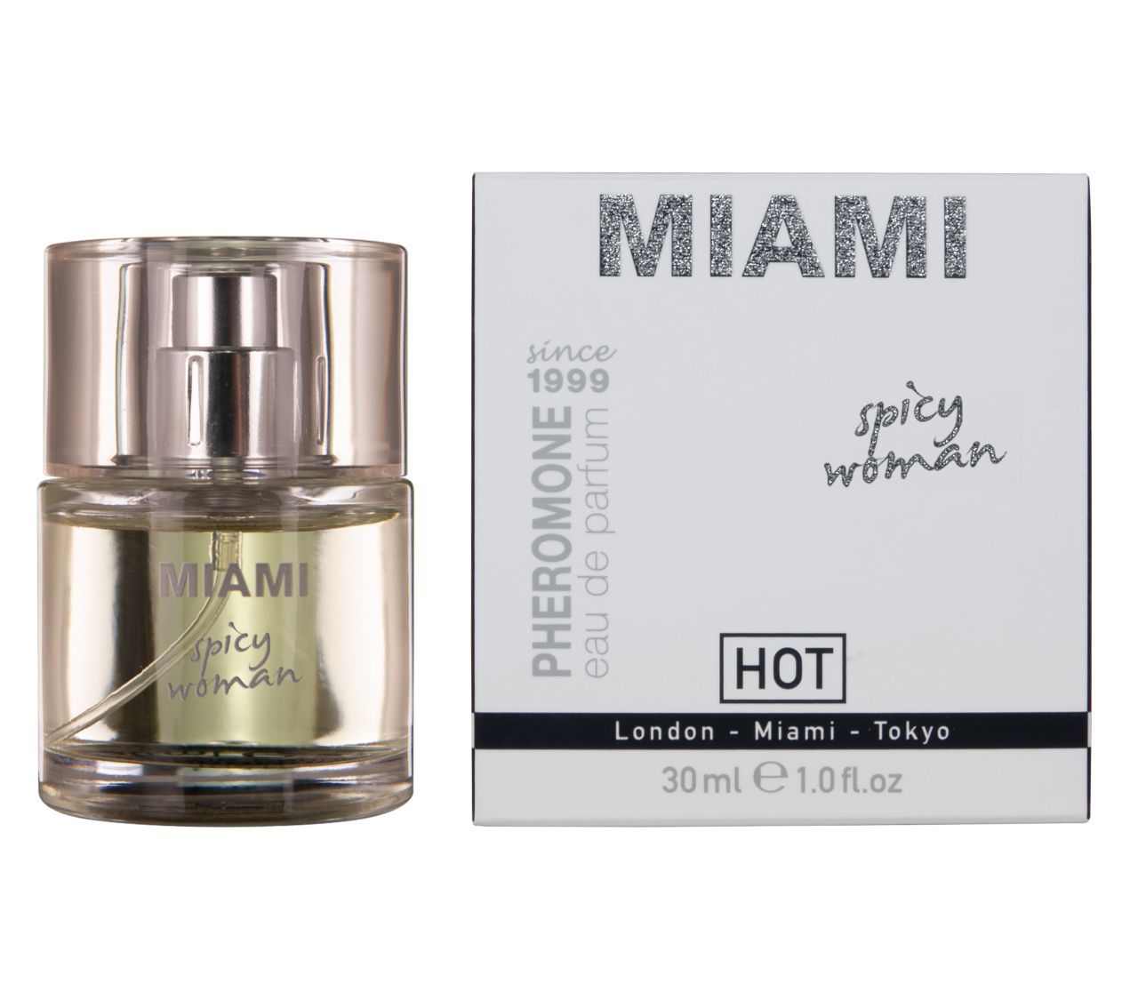 Glasflakon und weiße Schachtel. "MIAMI" Schriftzug, "spicy woman" Logo. "PHEROMONE eau de parfum".