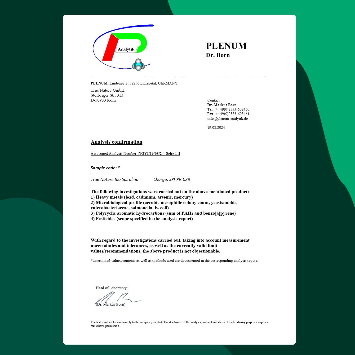 Certificato di Plenum Dr. Born. Conferma dell'analisi per TRUE NATURE Bio Spirulina. Risultati dei test sui contaminanti.