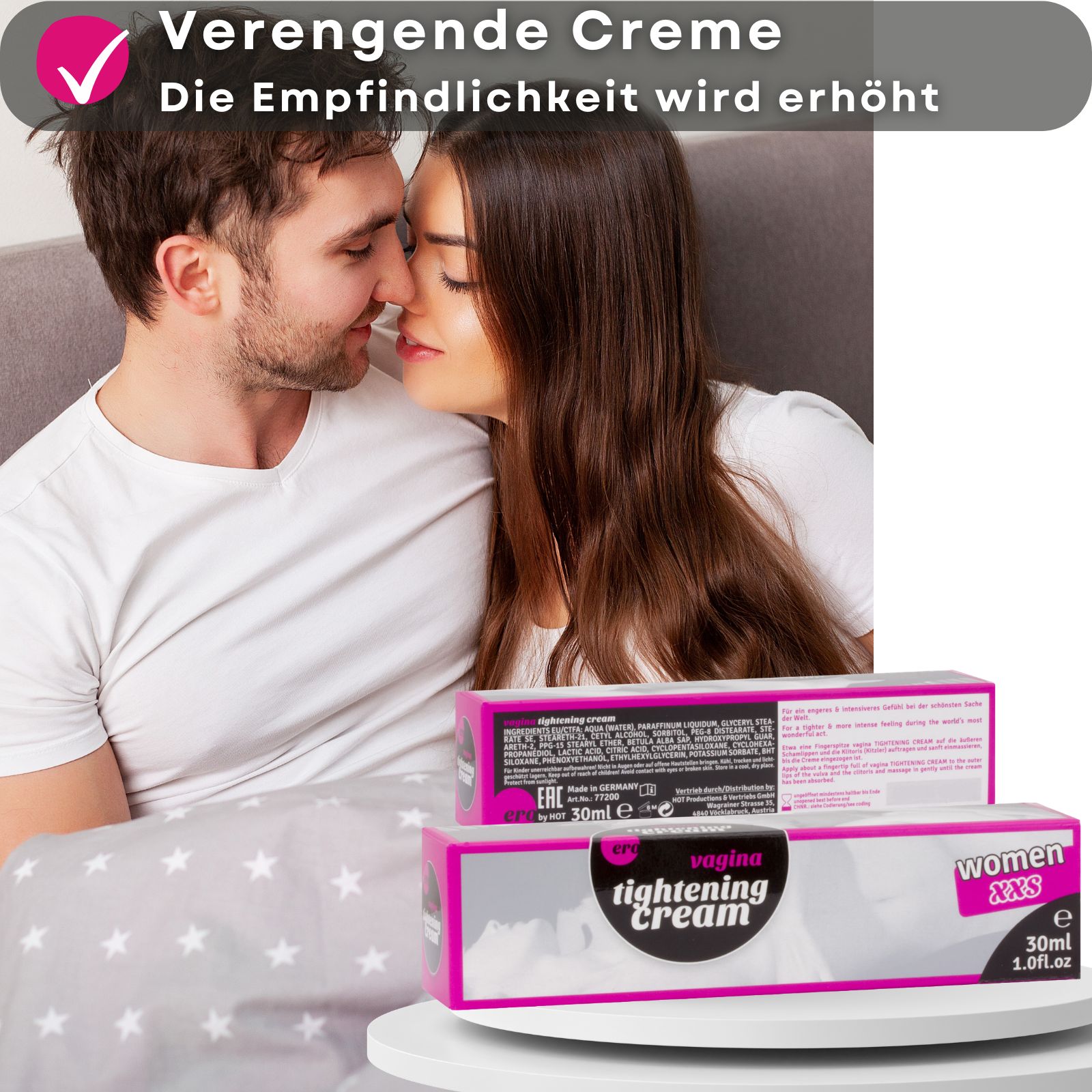 Schachtel und Textfeld. Textfeld: Verengende Creme, Empfindlichkeit erhöht. Frau mit roten Schuhen.