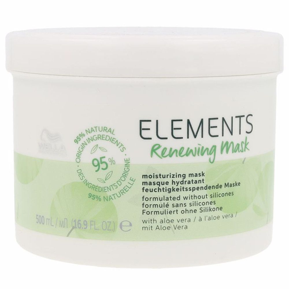 Weißer Tiegel Wella Elements Renewing Mask. Text: 95% natürliche Inhaltsstoffe, moisturizing mask, ohne Silikone.