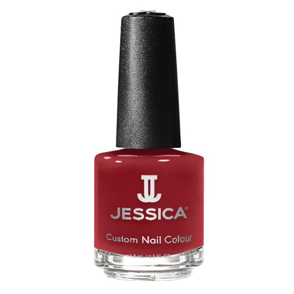 Rote Nagellackflasche mit schwarzem Deckel. Aufschrift: JESSICA Custom Nail Colour.