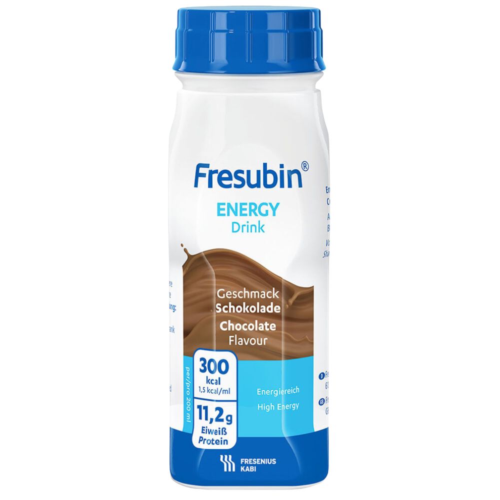 Flasche mit blauem Deckel. Aufschrift: Fresubin Energy Drink, Geschmack Schokolade. Enthält 300 kcal und 11,2g Eiweiß.