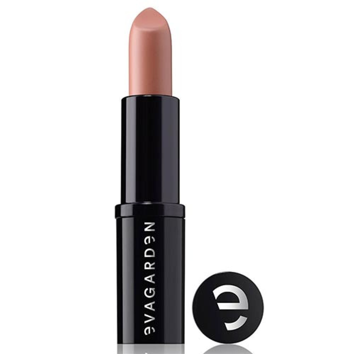 Lippenstift, nude-farben, in schwarzer Hülse. Deckel daneben. Schriftzug: evagarden.