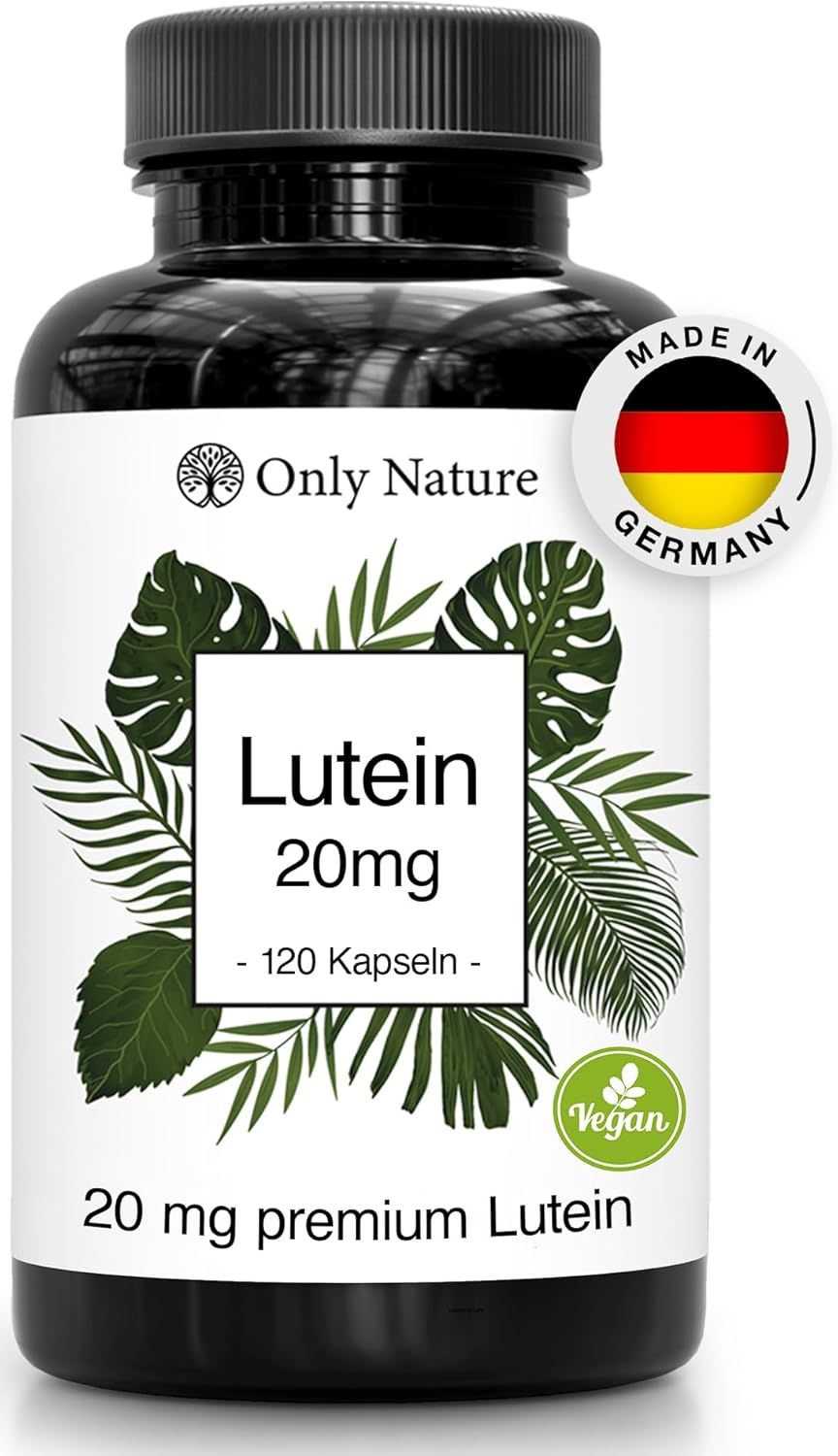 Braune Flasche mit Lutein-Kapseln. Aufschrift: Lutein 20mg, 120 Kapseln. Vegan-Siegel. Made in Germany-Logo.