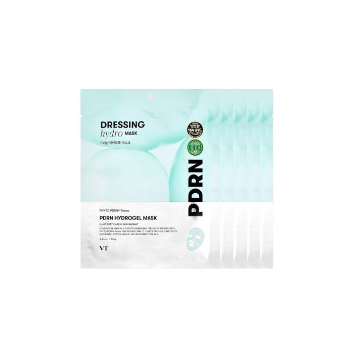 Verpackung mit Gesichtsmasken. Aufschrift: PDRN Hydrogel Mask. Marke VT. Grün-weiße Verpackung mit Zertifizierungen.
