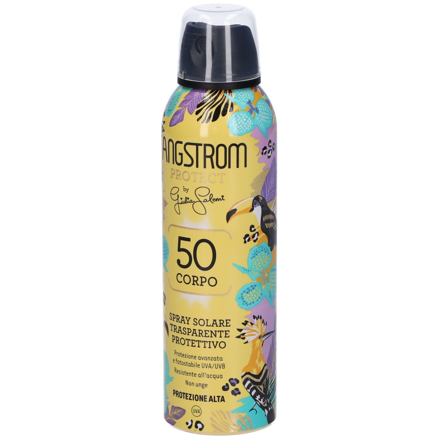 Bomboletta spray gialla con motivi floreali e uccelli. Tappo nero. Testo: Angstrom, SPF50, Spray Solare Trasparente. Protezione.