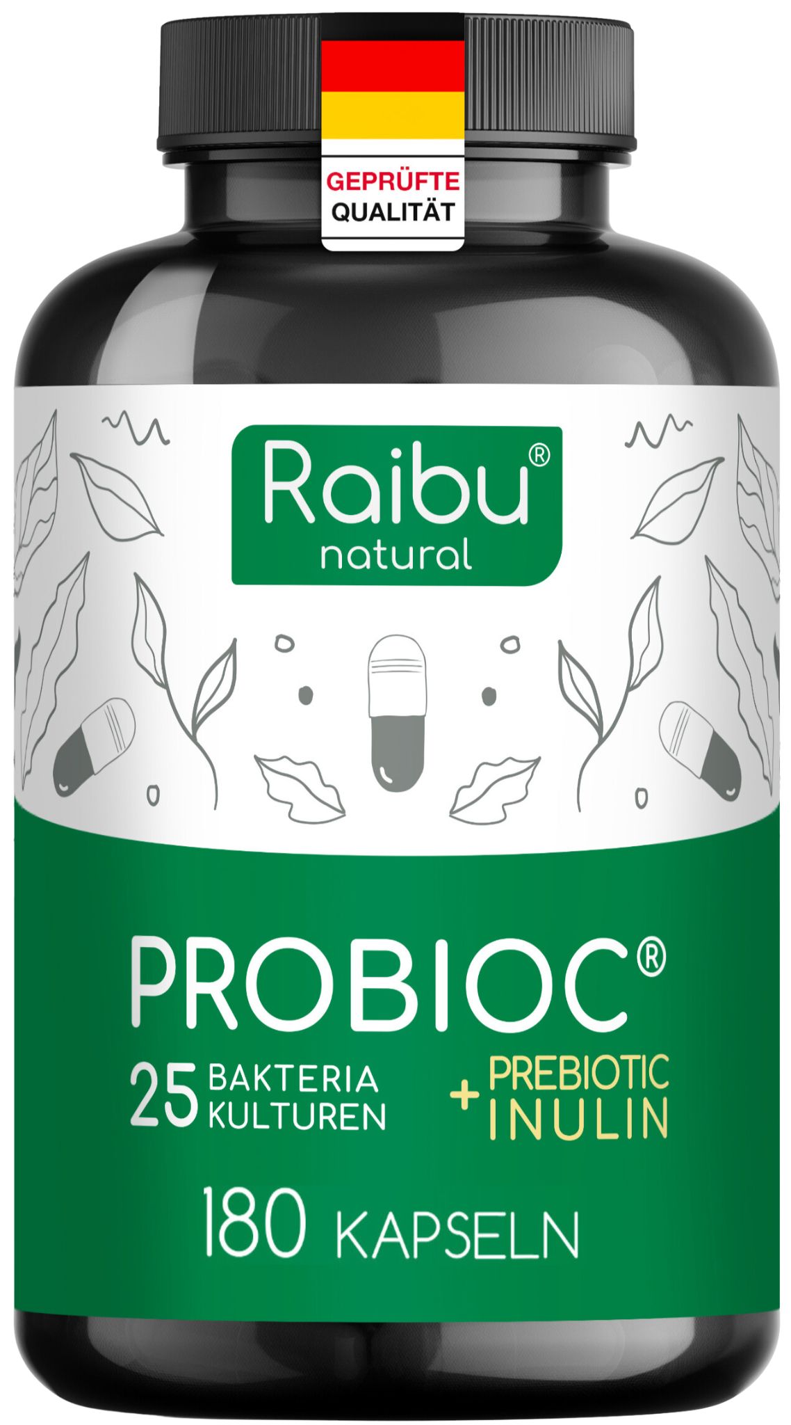 Schwarze Flasche mit Kapseln. Aufschrift: PROBIOC, 25 Bakterien Kulturen + Inulin, 180 Kapseln. Geprüfte Qualität.