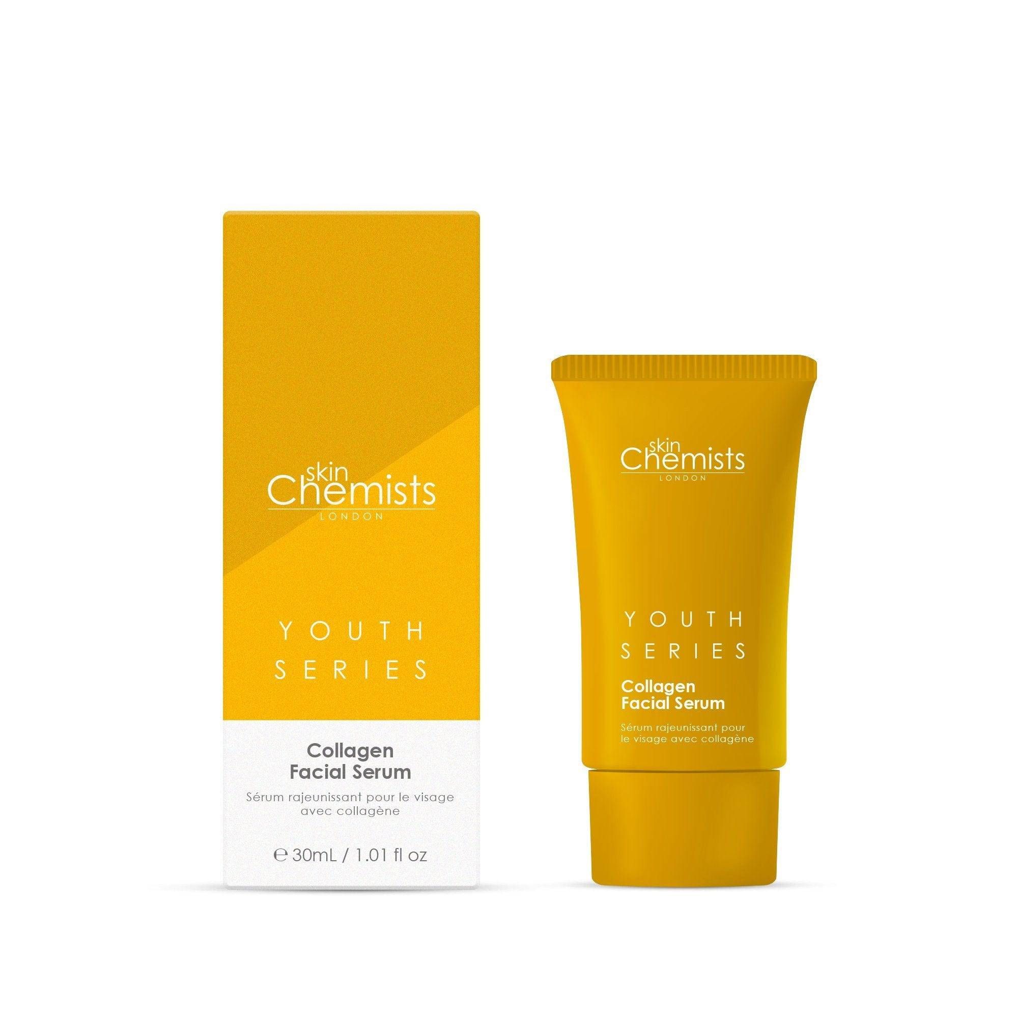 Gelbe Tube und Verpackung mit "skinChemists" und "Youth Series Collagen Facial Serum" Schriftzug. Aufschrift in Englisch und Französisch.
