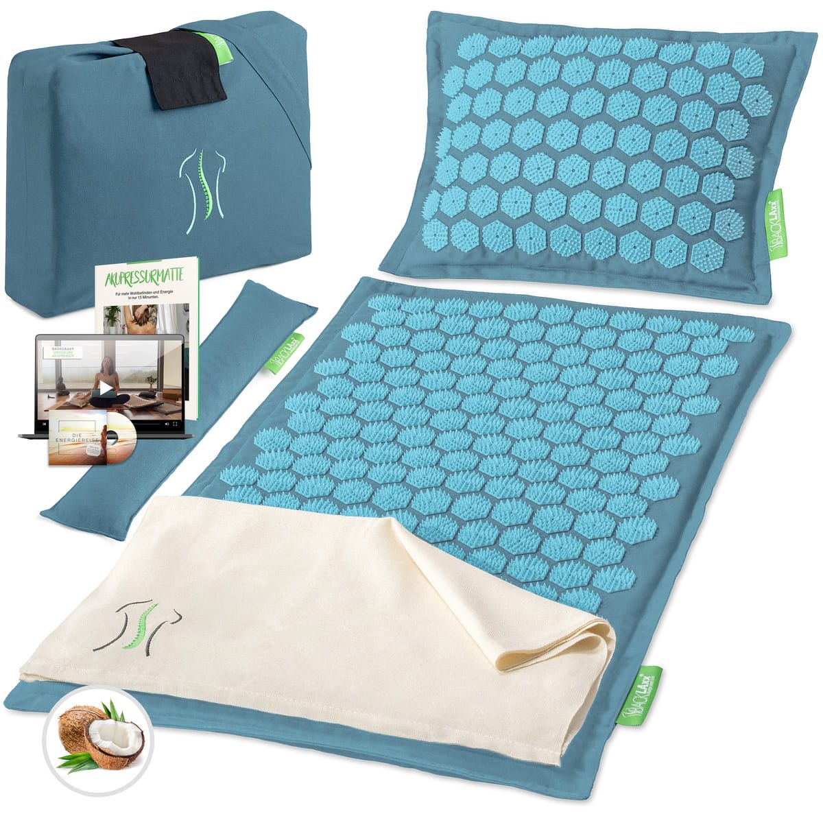 Akupressurmatten Set mit Matte, Kissen, Rolle, Tasche, Baumwolltuch, DVD und Broschüre. Blaues Set. Kokosfaser und Naturkautschuk.