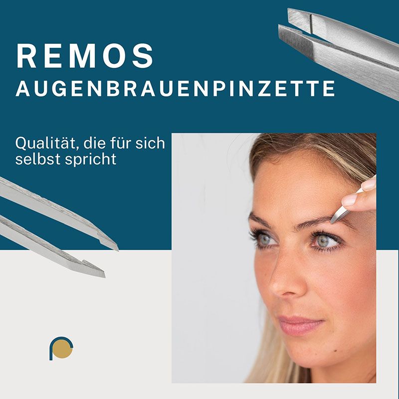 Nahaufnahme einer REMOS Augenbrauenpinzette aus Edelstahl. Logo und Produktname sichtbar.
