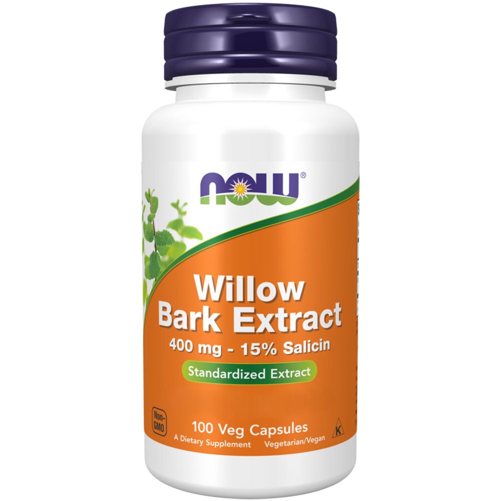 Weiße Flasche mit orangefarbenem Etikett. Aufschrift: Willow Bark Extract, 400 mg, 100 Veg Capsules. Marke: NOW.
