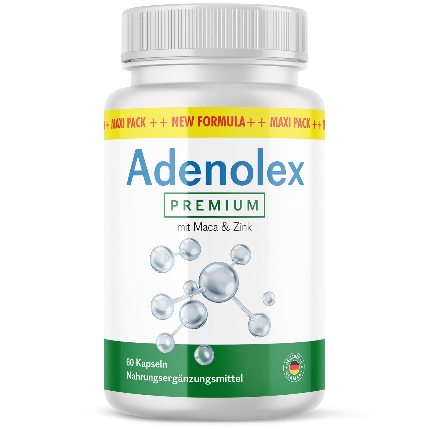 Weiße Flasche mit Kapseln. Aufschrift: Adenolex Premium mit Maca & Zink. 60 Kapseln. Nahrungsergänzungsmittel. Grüner und gelber Aufkleber.