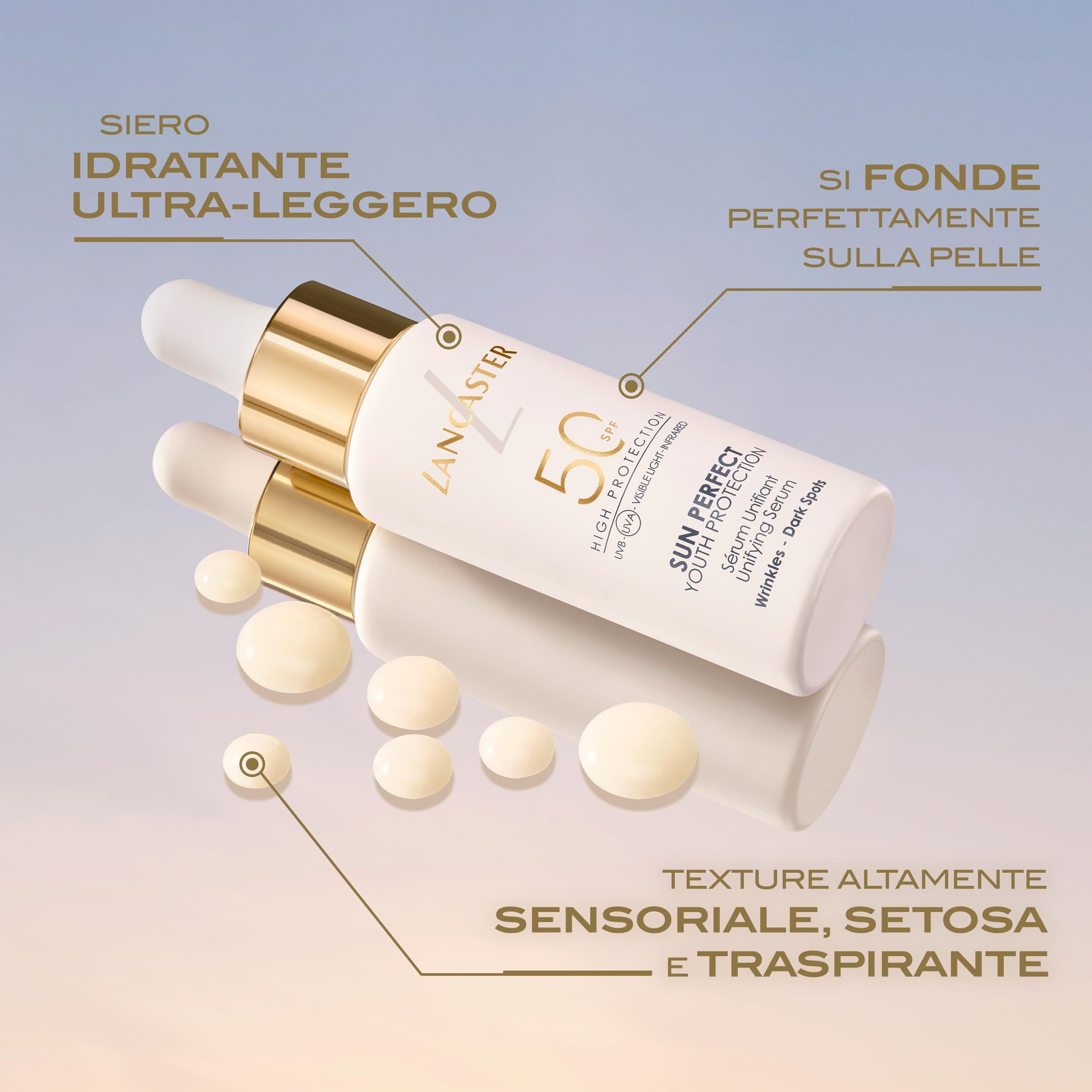 Zwei Flaschen und Serumtropfen. Aufschrift: LANCASTER, 50 SPF, SUN PERFECT, YOUTH PROTECTION. Text.