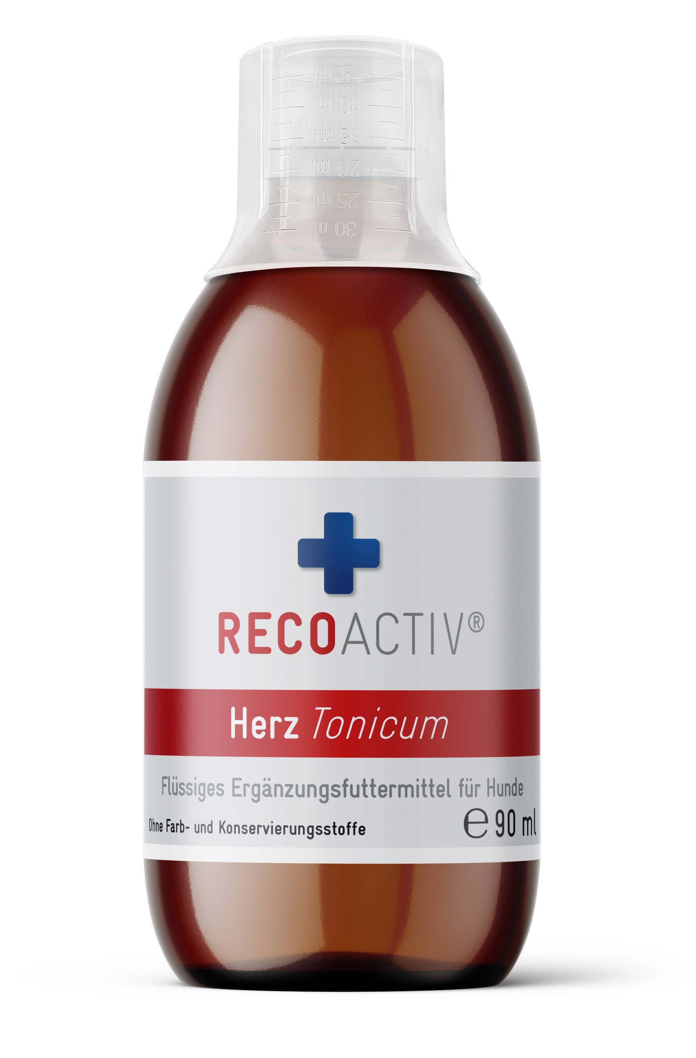 Flasche RECOACTIV® Herz Tonicum. Braune Flüssigkeit, weißes Etikett mit Produktnamen und Logo. Enthält 90 ml.