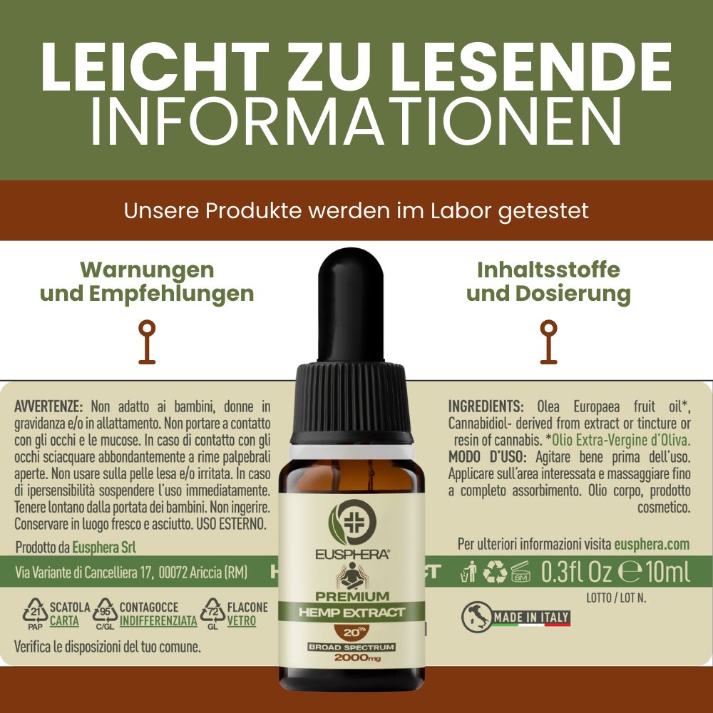CBD Öl - Hanfextraktöl 20% – Hochdosiertes Vollspektrum Premium | Hemp Extract - Eusphera