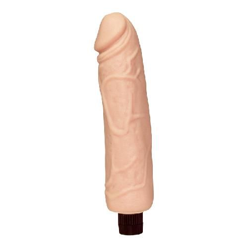 Beigefarbener, naturgetreuer Vibrator mit geriffelter Oberfläche und dunklem Sockel. Form eines Penis.