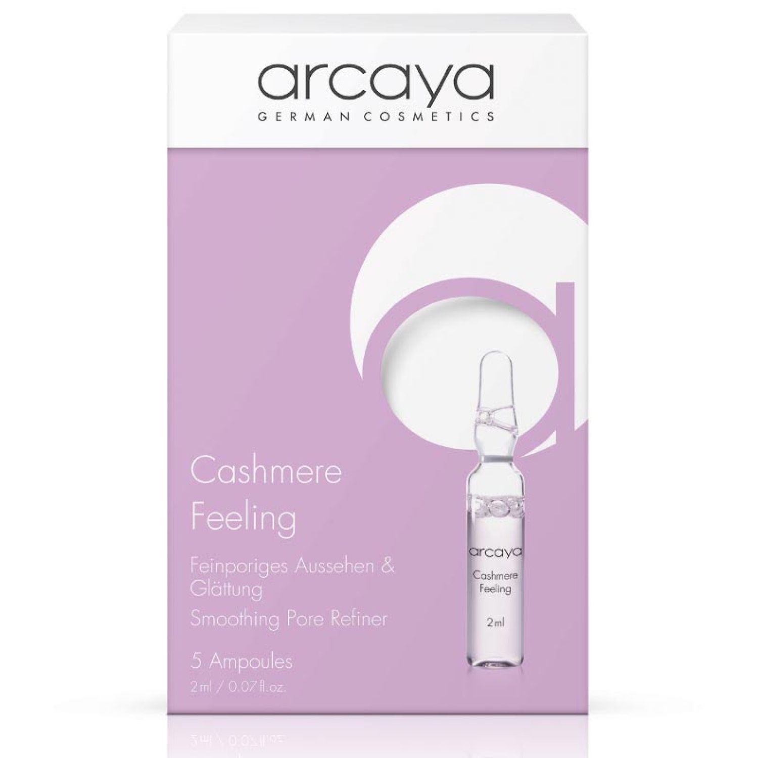 Verpackung mit 5 Ampullen. Aufschrift: Cashmere Feeling, Feinporiges Aussehen & Glättung, Smoothing Pore Refiner. Marke: arcaya.