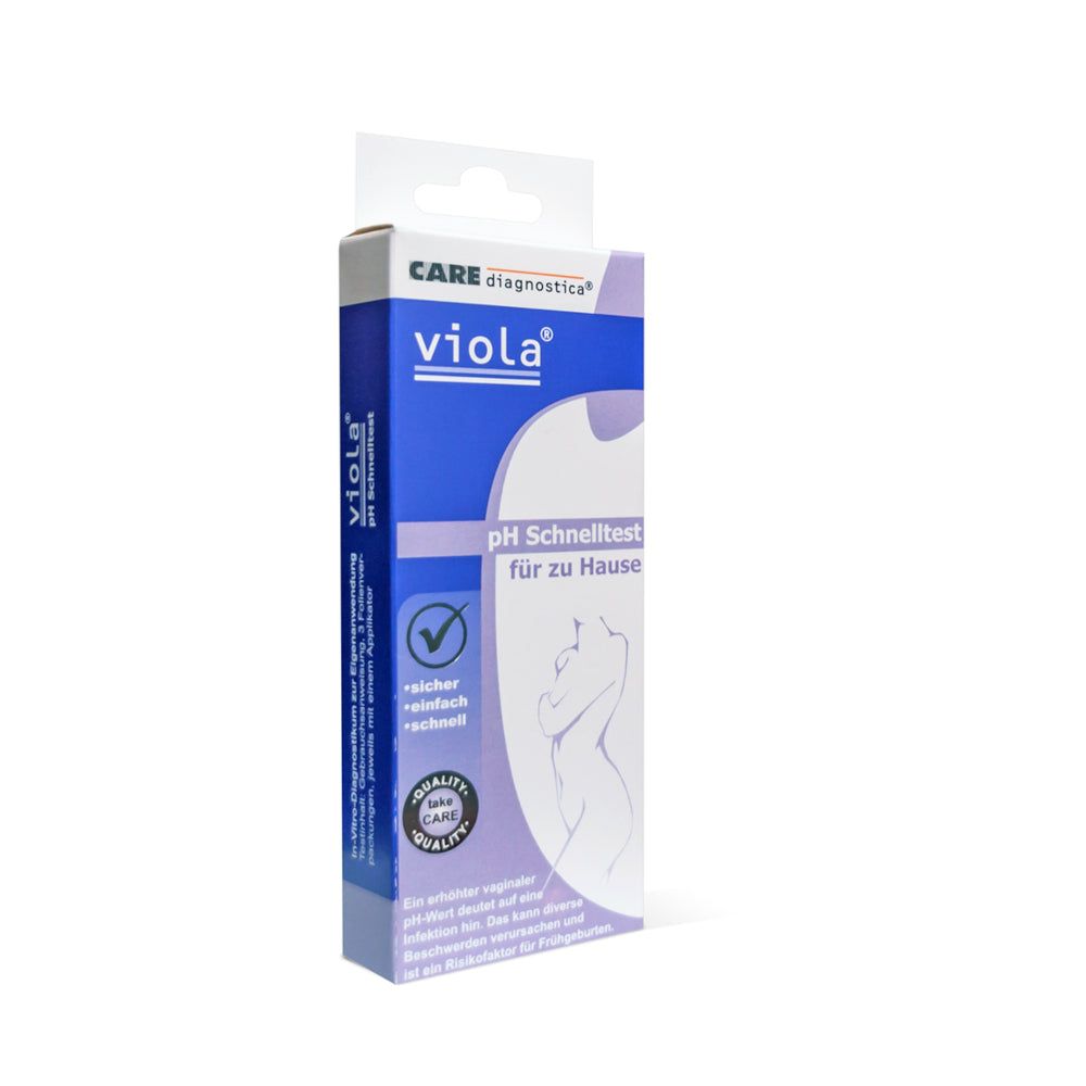 Verpackung von "viola pH Schnelltest". Blaue und weiße Schachtel mit Produktnamen, Logo und Illustration einer Frau.