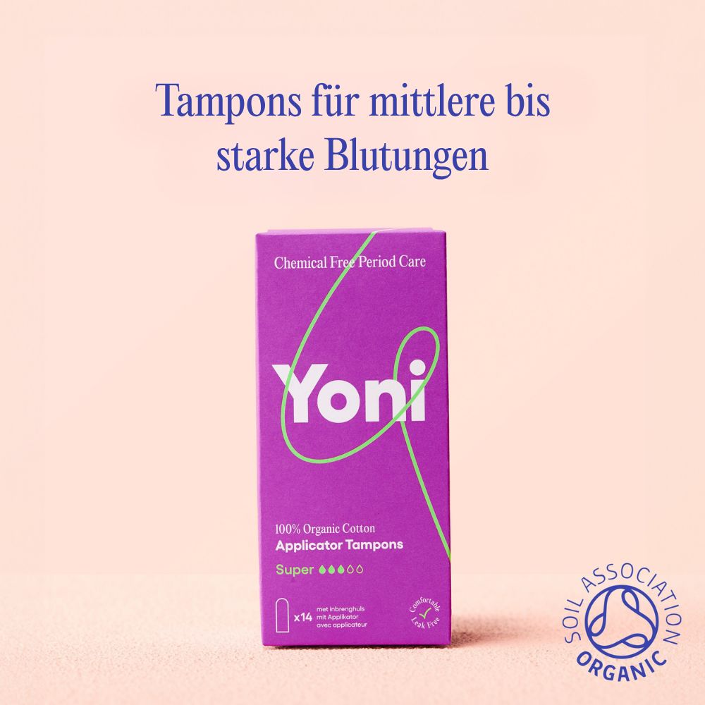 Verpackung mit Tampons mit Applikator. Marke Yoni, 100% Bio-Baumwolle, Super, 14 Stück. Mit Bio-Siegel.